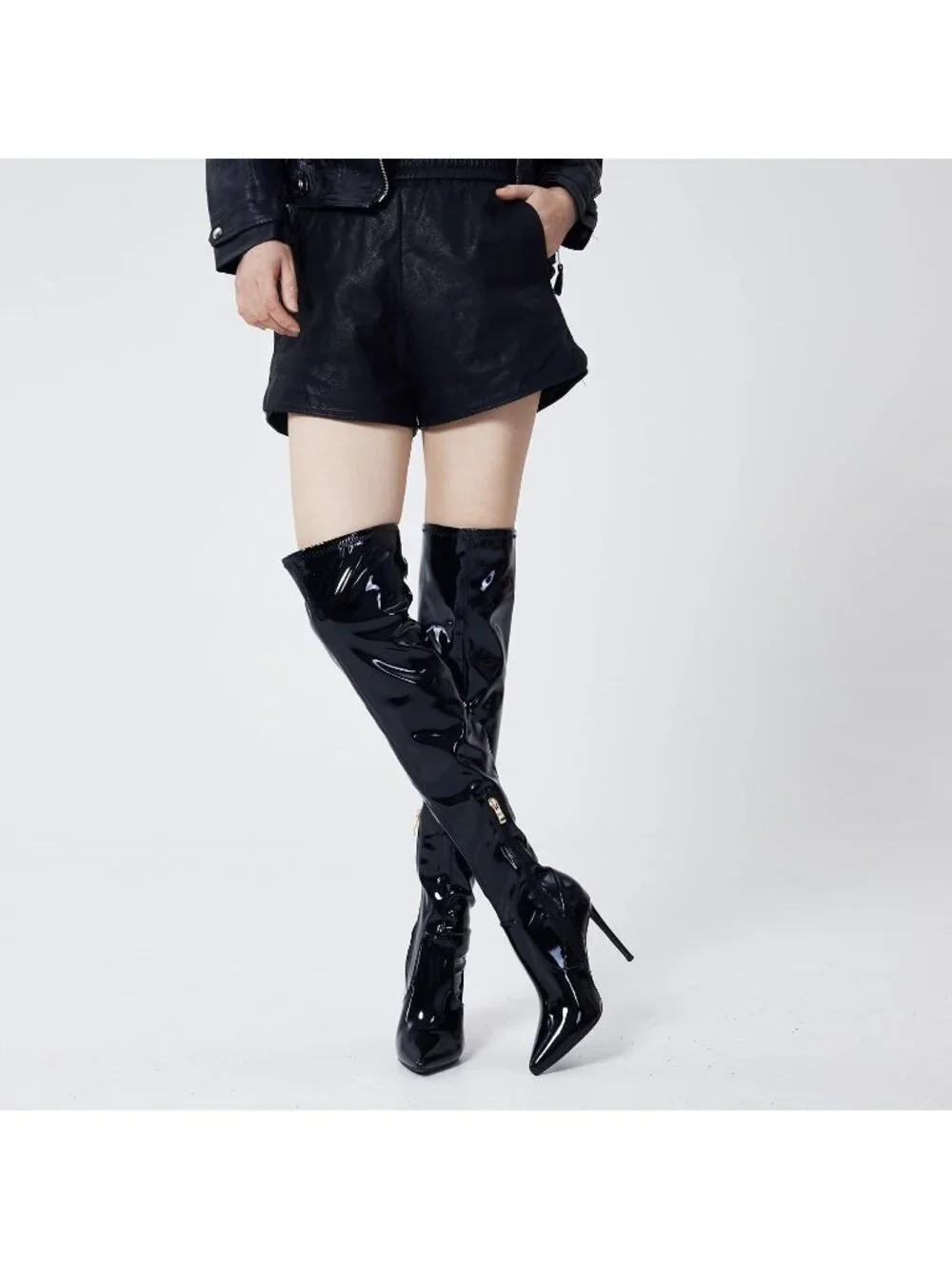 Women Black Patent 1 Pointed Toe Suede Stiletto Heel Stretch Over The Knee Boots